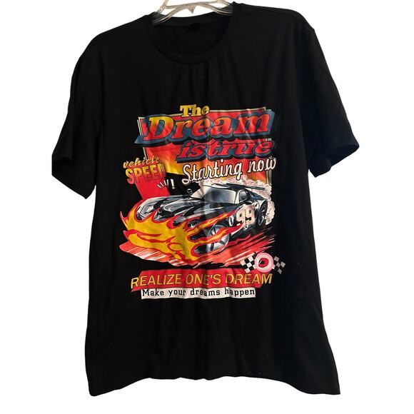 NWOT Shein Men's Black Short Sleeve T Shirt Racing The Dream is True Size Large - Picture 1 of 6